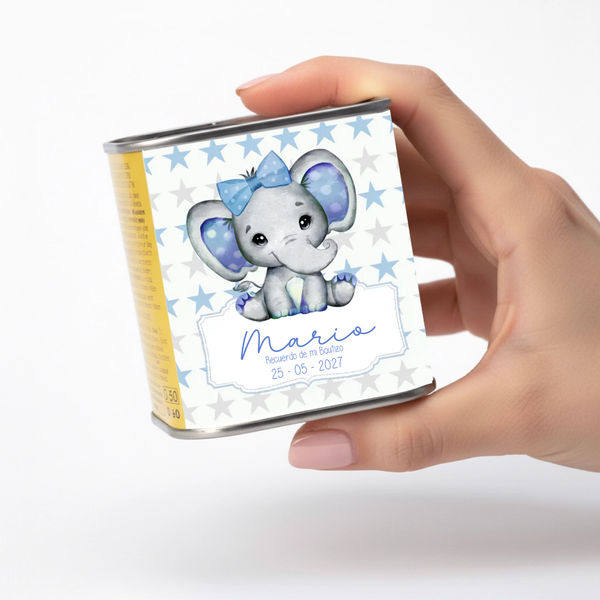 Lata de aceite personalizada para bautizo con diseño Elefantitos rosa o azul