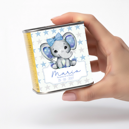 Lata de aceite personalizada para bautizo con diseño Elefantitos rosa o azul