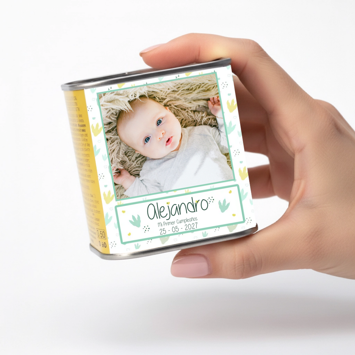 Lata de aceite personalizada para bautizo con diseño Huellitas, con foto o texto