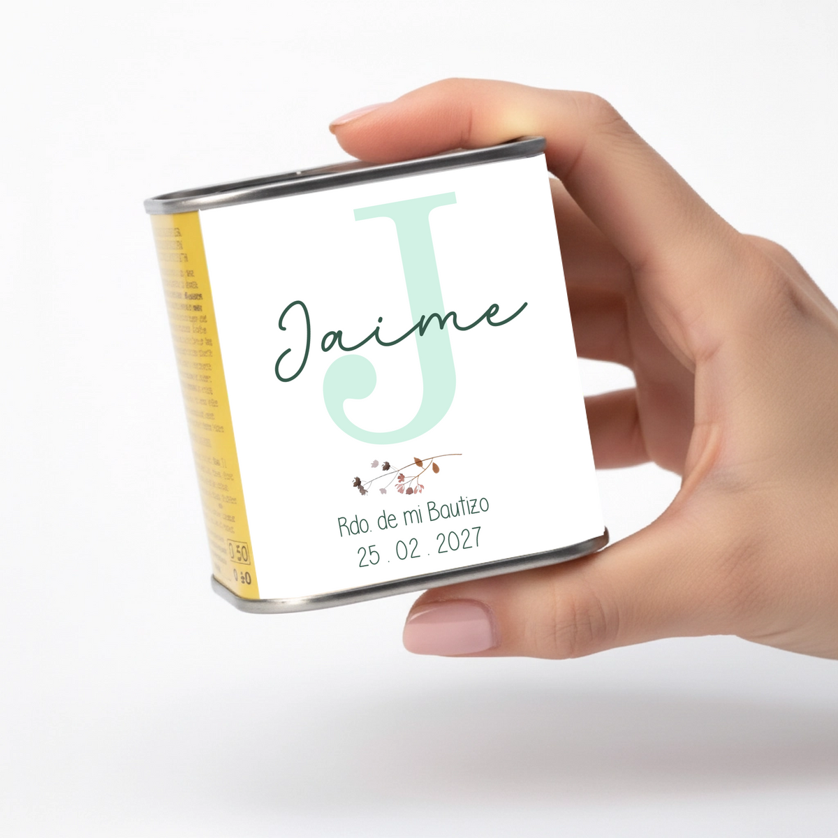 Lata de aceite personalizada para bautizo con diseño Inicial, detalle para invitados