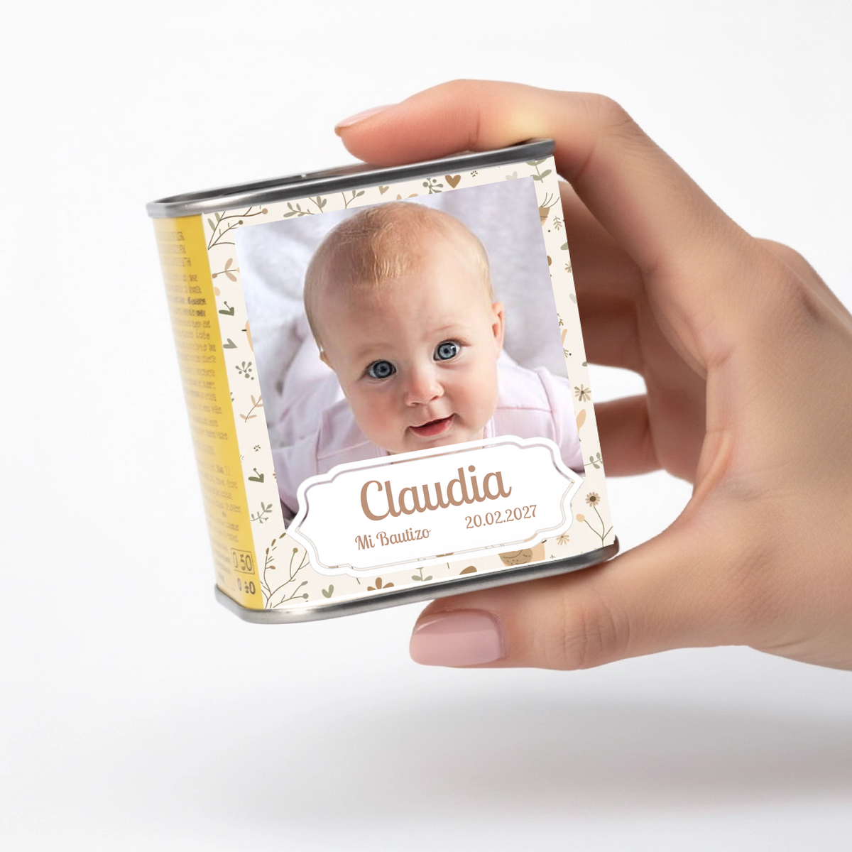 Lata de aceite personalizada para bautizo con diseño Marrón nature, con foto o texto