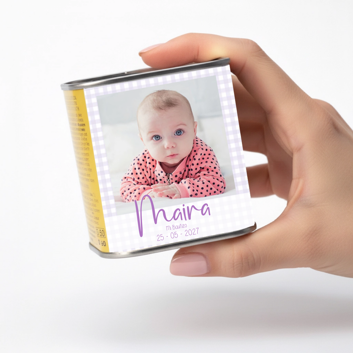 Lata de aceite personalizada para bautizo con diseño Vichy con foto, en varios colores