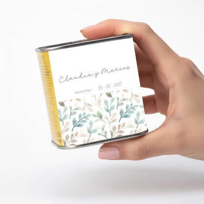 Lata de aceite personalizada para invitados de boda con Diseños naturales