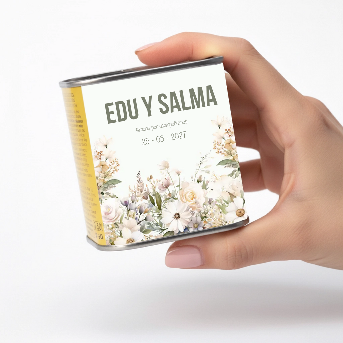 Lata de aceite personalizada para invitados de boda con diseño Flores delicadas