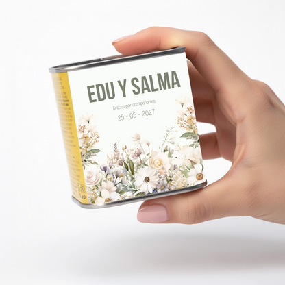 Lata de aceite personalizada para invitados de boda con diseño Flores delicadas