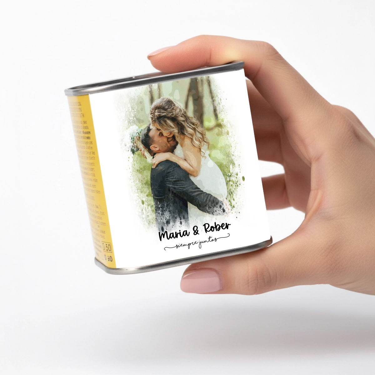 Lata de aceite personalizada para invitados de boda con diseño Fotografía acuarela