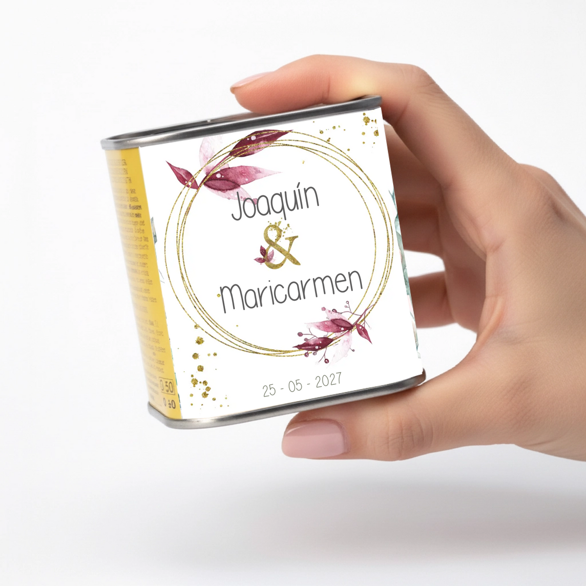 Lata de aceite personalizada para invitados de boda con diseño Grana