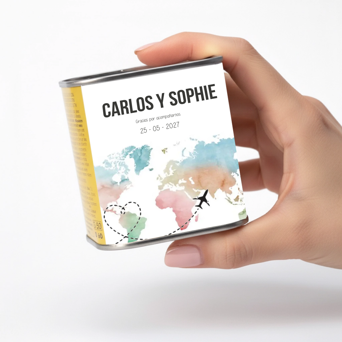 Lata de aceite personalizada para invitados de boda con diseño Mapa mundi