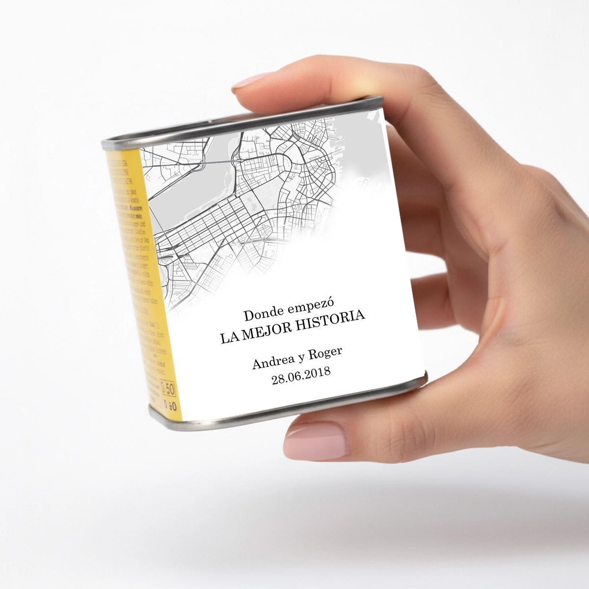 Lata de aceite personalizada para invitados de boda con diseño Mapa ubicación