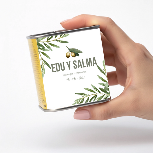 Lata de aceite personalizada para invitados de boda con diseño Mediterráneo