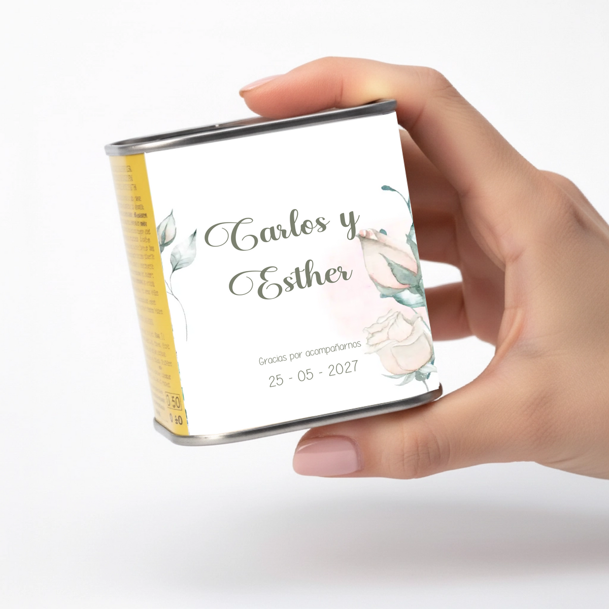 Lata de aceite personalizada para invitados de boda con diseño Mimosa