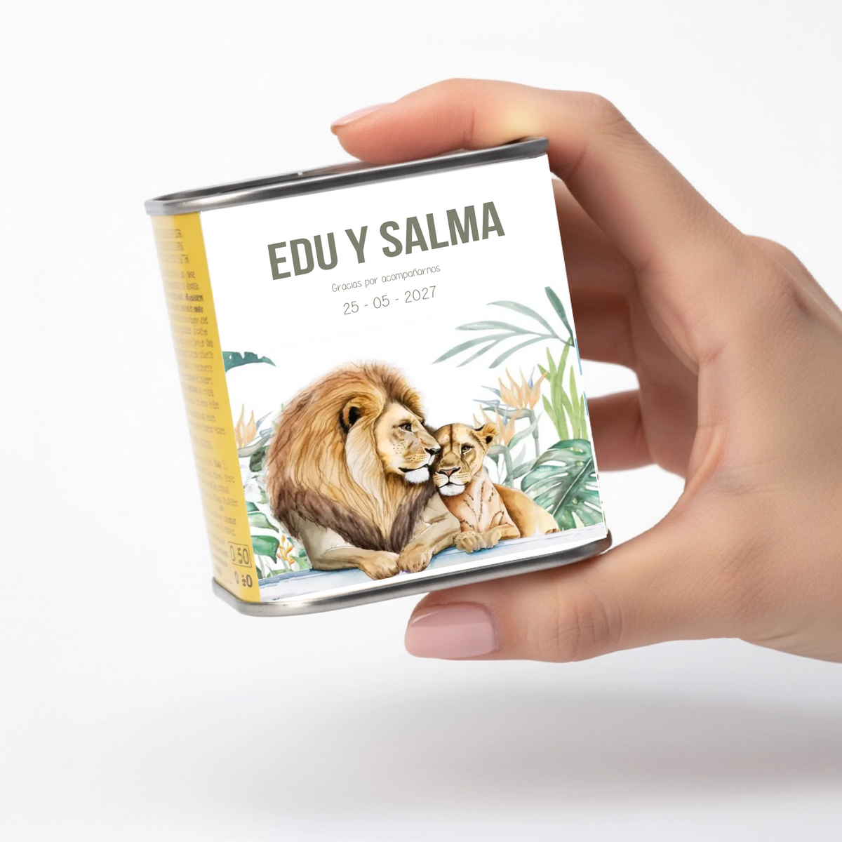 Lata de aceite personalizada para invitados de boda con diseño Safari