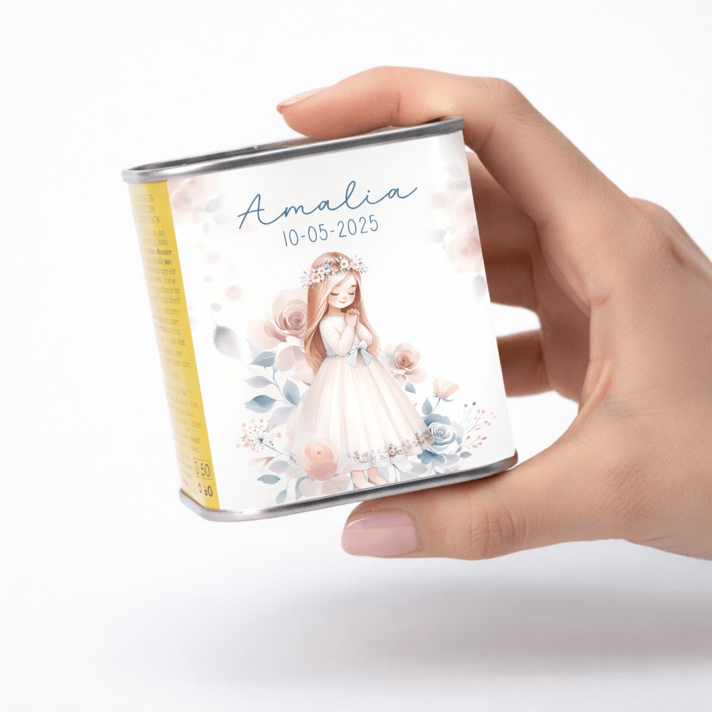 Lata de aceite personalizada comunión niña diseño Blue flower, detalle para invitados