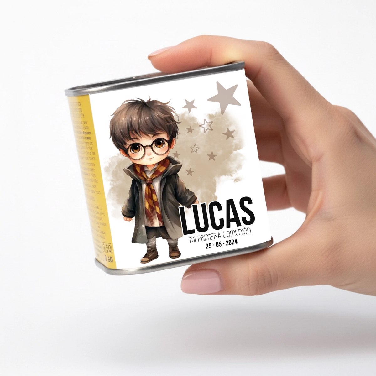 Lata de aceite personalizada comunión diseño escuela de magia con nombre, detalle para invitados
