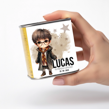Lata de aceite personalizada comunión diseño escuela de magia con nombre, detalle para invitados