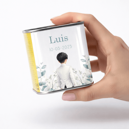 Lata de aceite personalizada comunión diseño eucalipto unisex, detalle para invitados