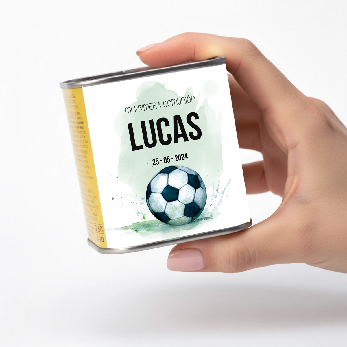 Lata de aceite personalizada comunión diseño fútbol con nombre, detalle para invitados