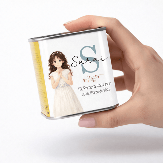 Lata de aceite personalizada comunión diseño Inicial unisex, detalle para invitados