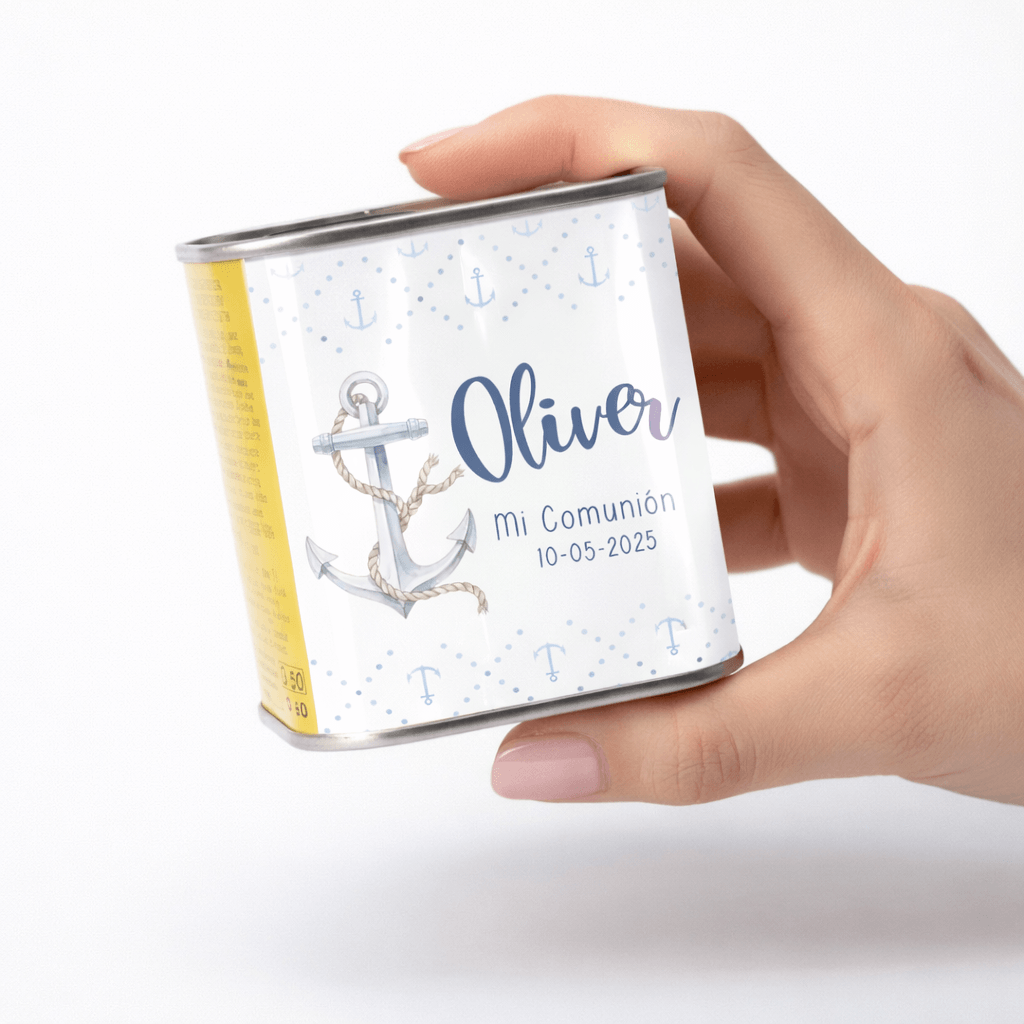 Lata de aceite personalizada comunión diseño marinero, detalle para invitados