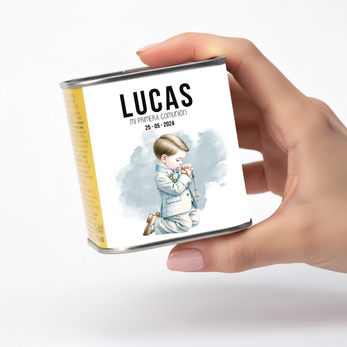 Lata de aceite personalizada comunión niño rezando con nombre, detalle para invitados