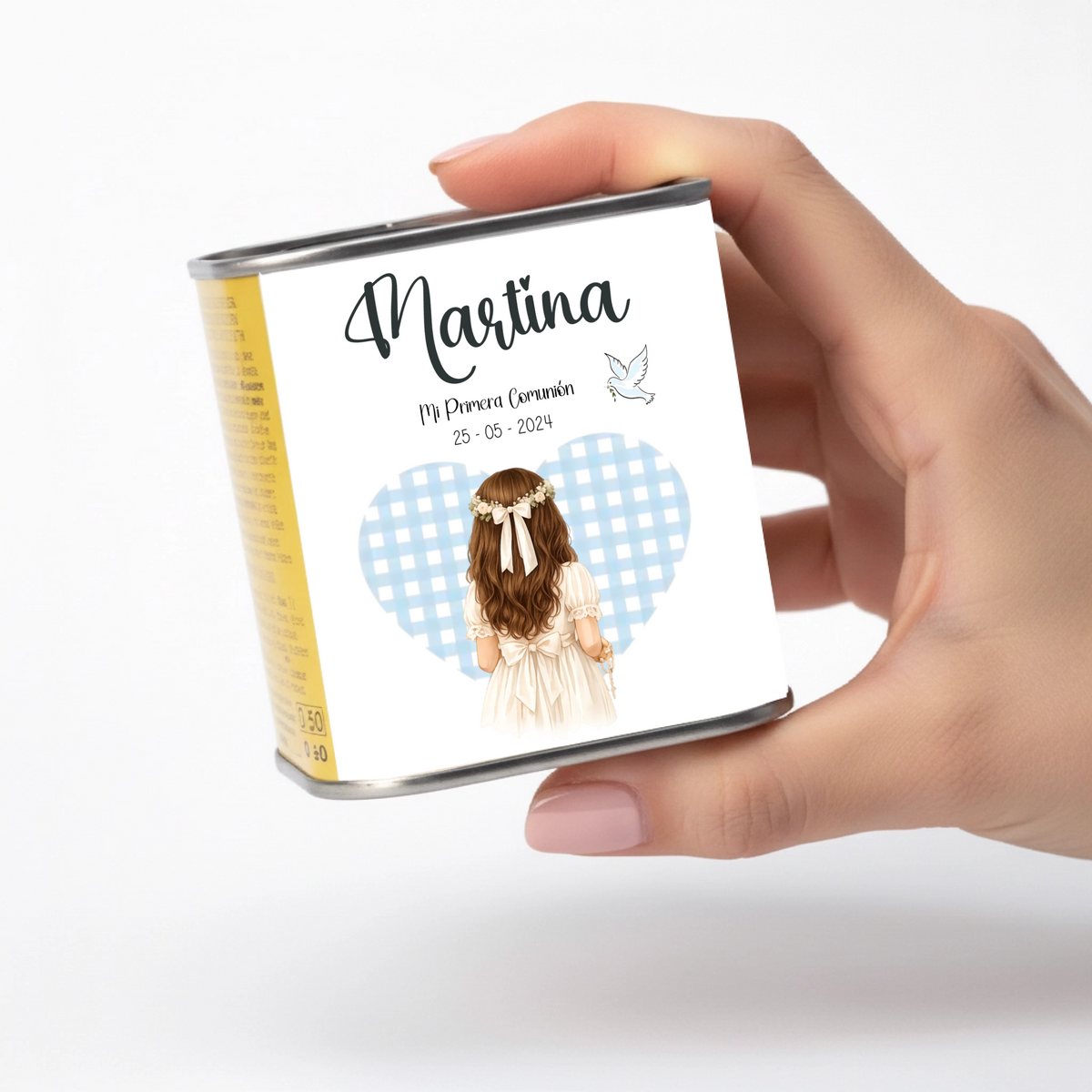 Lata de aceite personalizada comunión niña diseño Vichy con nombre, detalle para invitados