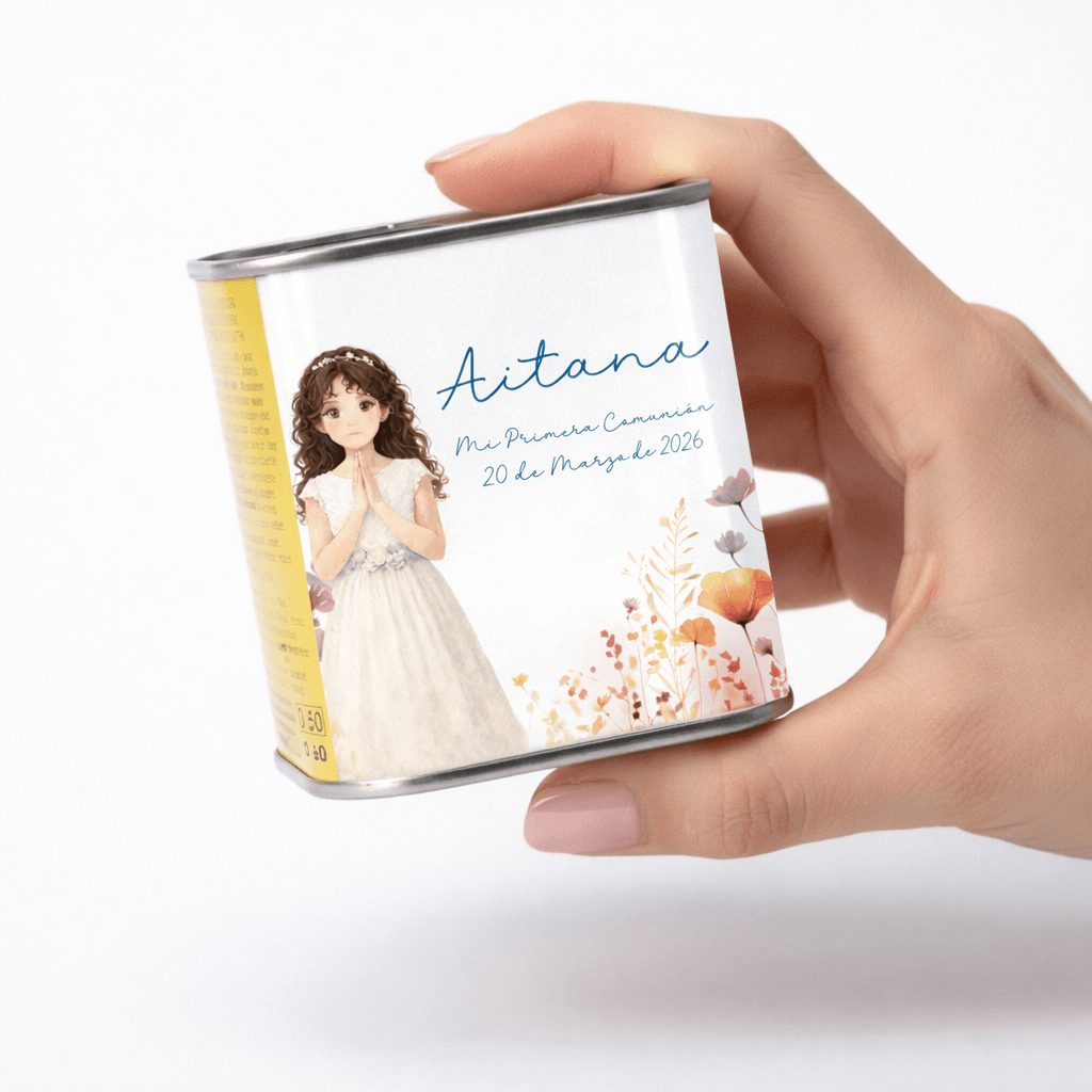 lata aceite comunión niña flores silvestres