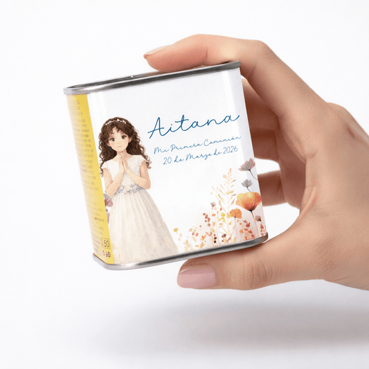lata aceite comunión niña flores silvestres