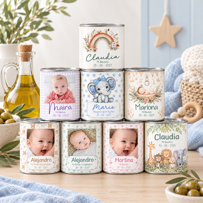 Latas de aceite personalizadas para invitados de bautizo y fiestas infantiles – diseños editables