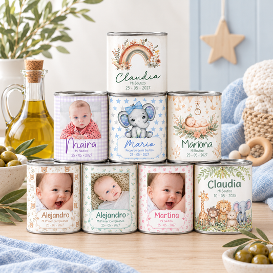Latas de aceite personalizadas para invitados de bautizo y fiestas infantiles – diseños editables