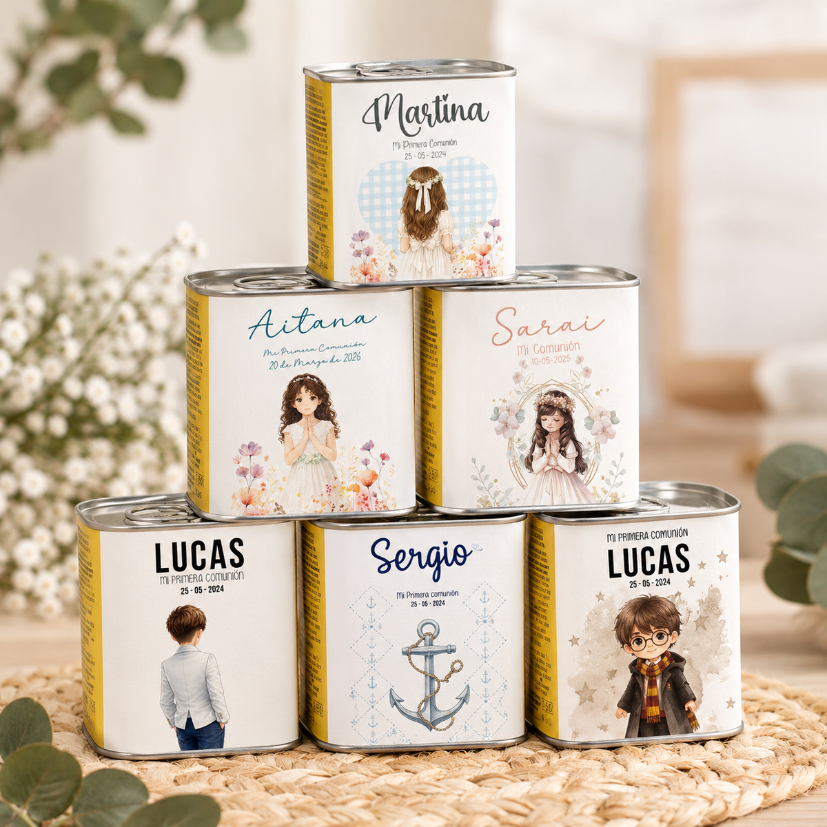 Latas de aceite personalizadas para invitados de comunión – diseños editables
