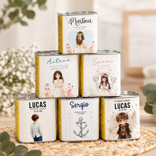 Latas de aceite personalizadas para invitados de comunión – diseños editables