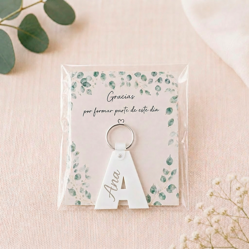 Llavero de acrílico blanco personalizado con inicial y nombre grabado a láser
