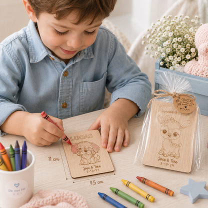 Imán de madera para colorear personalizado con nombre | Detalle infantil boda