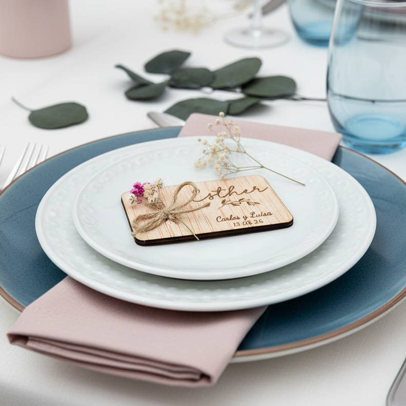 marcasitio de madera personalizado con flores preservadas naturales