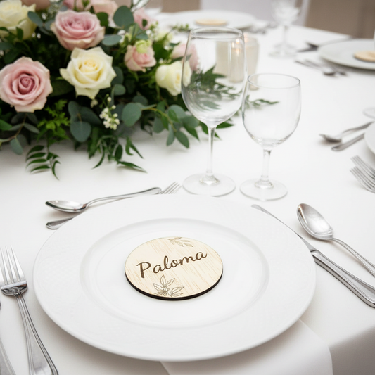 Marcasitio de Madera Circular Personalizado con Nombre - Detalle Invitados Boda Bautizo Comunión