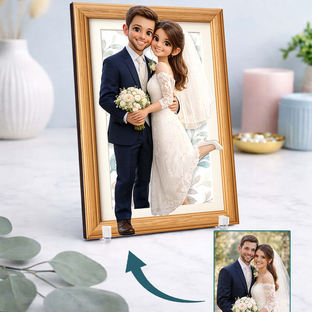 Marco personalizado con ilustración 3D de novios estilo Pixar como regalo original para boda