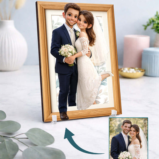 Marco personalizado con ilustración 3D de novios estilo Pixar como regalo original para boda