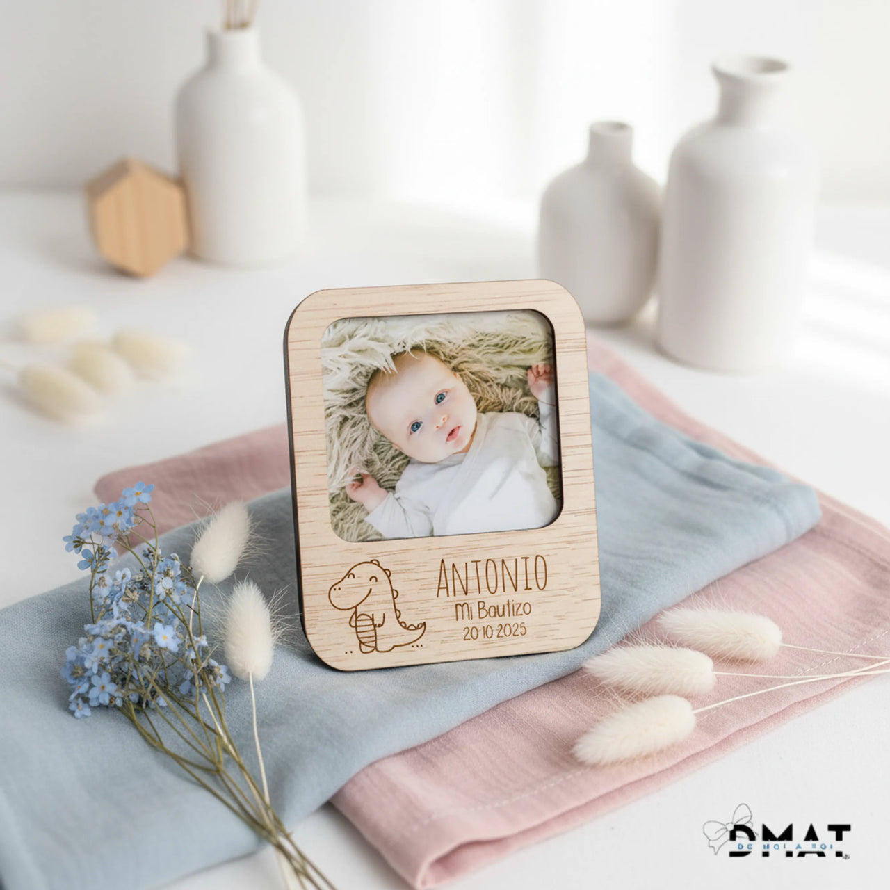 marco de fotos de madera personalizado detalle de bautizo imán grabado láser natural