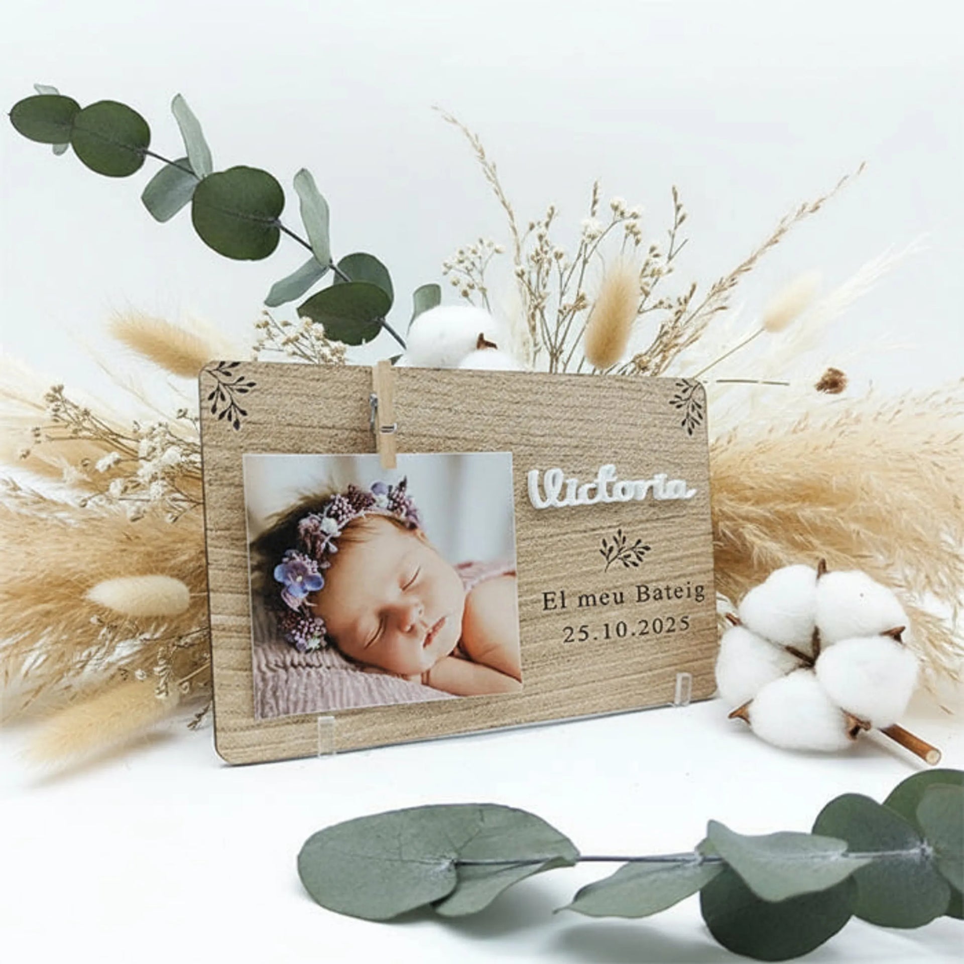 recordatorio con foto y texto grabado en madera natural