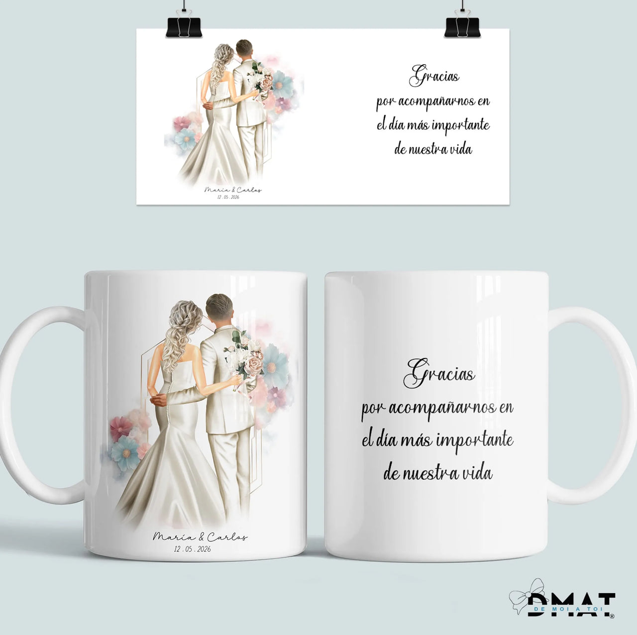 Regalo para invitados de boda. Taza personalizada con ilustración y texto con descuento por cantidad