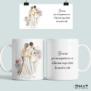 Regalo para invitados de boda. Taza personalizada con ilustración y texto con descuento por cantidad