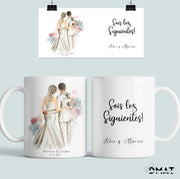 Taza personalizada para invitados de boda siguientes en casarse con ilustración y nombres