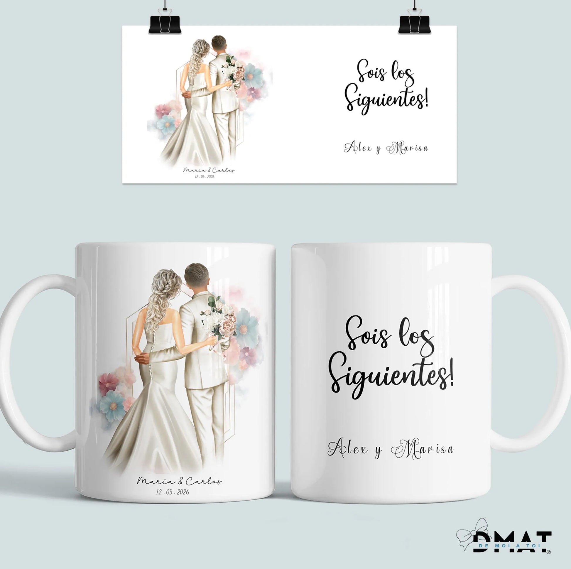 Taza personalizada para invitados de boda siguientes en casarse con ilustración y nombres