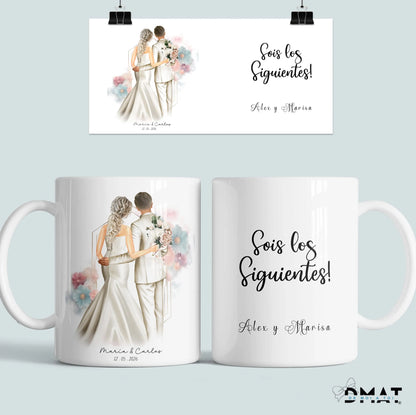 Taza personalizada para invitados de boda siguientes en casarse con ilustración y nombres