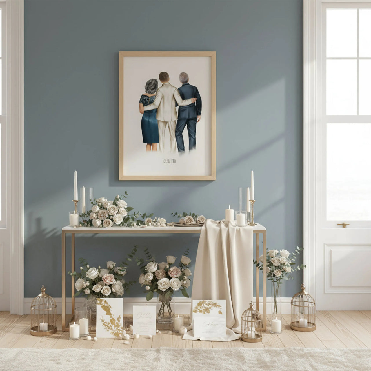 Regalo de boda con dibujo personalizado para los padres del novio 