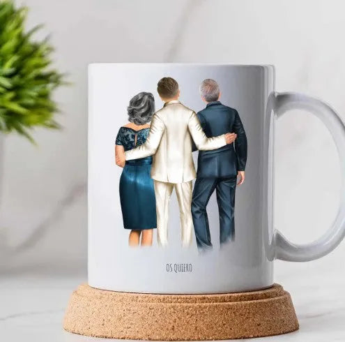 Taza personalizada original con ilustración personalizada para los padres del novio