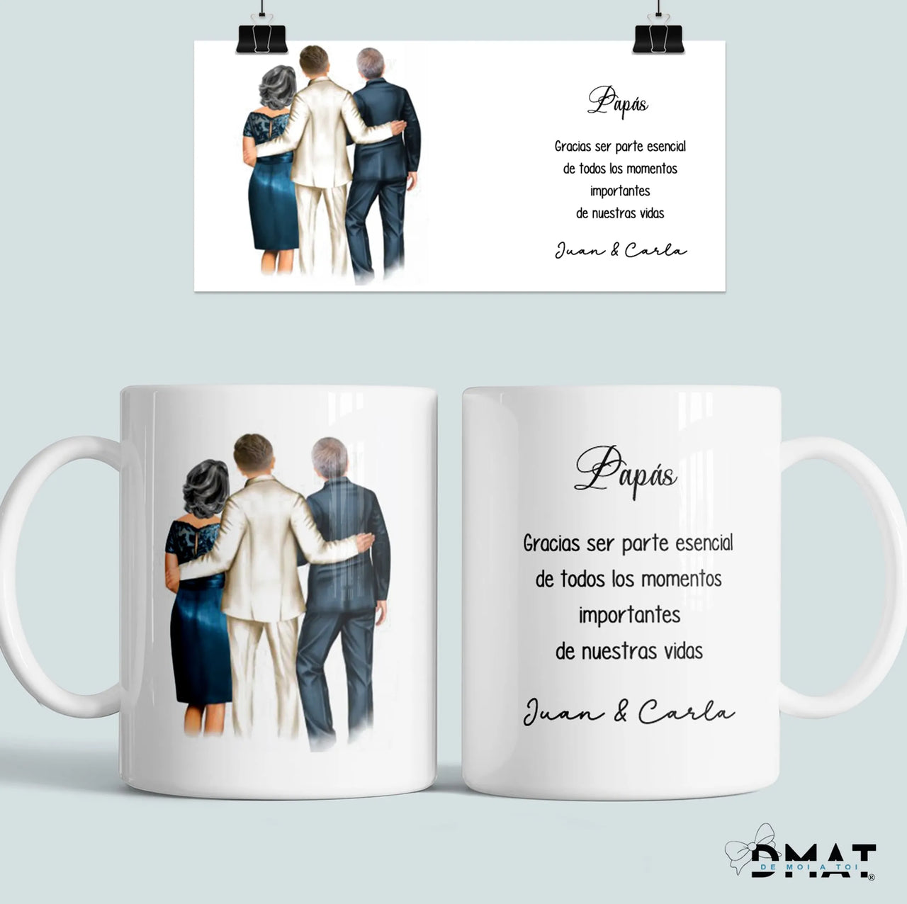 Taza personalizada con ilustración y dedicatoria para regalar a los padres del novio