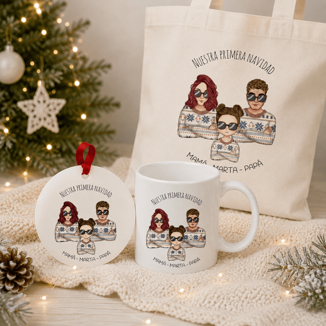 Set Regalo Navidad Personalizado Taza y Bola con Personajes Chibi