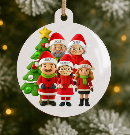 Bola de Navidad blanca personalizada con familia de 5 personajes chibi con gorro de Papá Noel