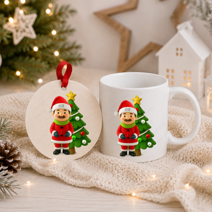 Bola de árbol y taza de Navidad personalizadas a juego con un personaje chibi